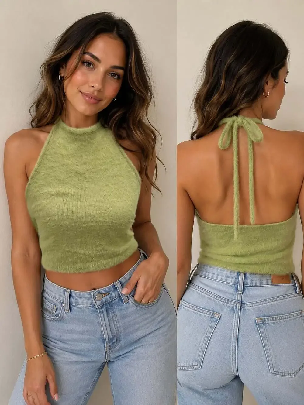 L.A. Hearts Fuzzy Knit Halter Neck Cropped Top